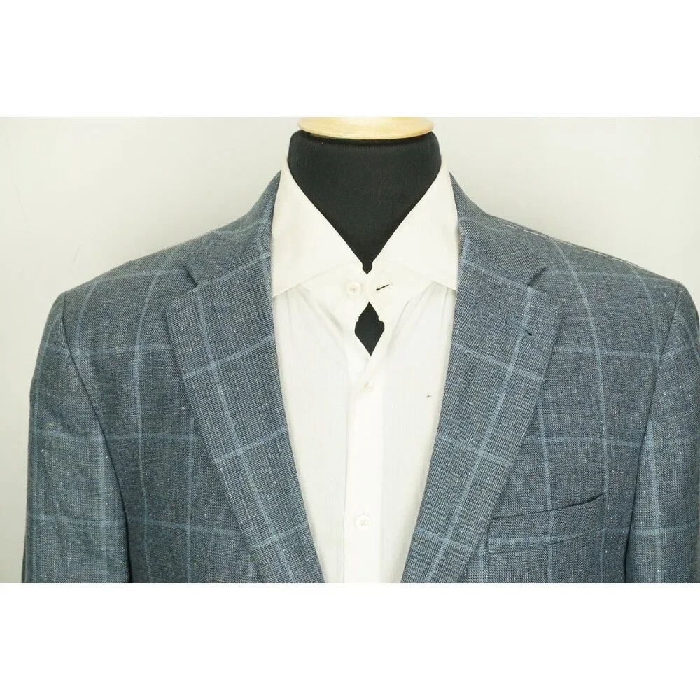 Jos A Bank Signature Collection Tailored Silk Linen Blue Plaid Sport Coat 42